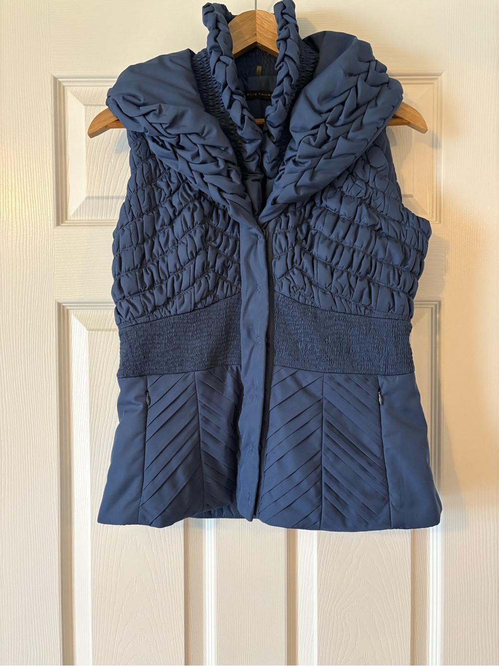 Elie Tahari Dark Navy Quilted Hooded Vest with Smocked Waist - Picture 2 of 6
